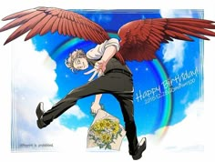 a man flying through the air while holding onto an angel