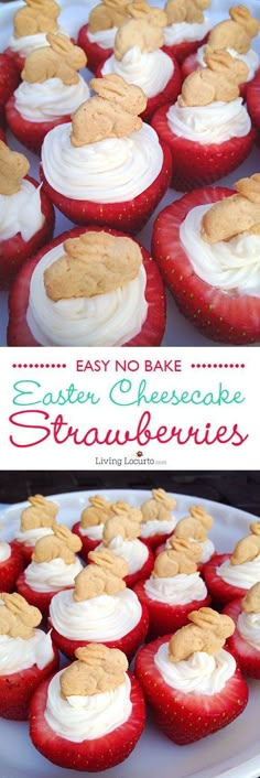 some red and white cupcakes are on a plate with the words easy no bake easter cheesecake strawberries