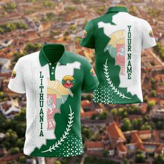 a green and white shirt with an image of a city in the background