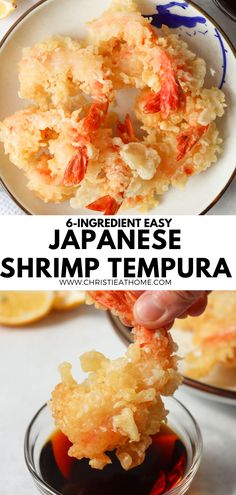 an image of japanese shrimp tempura on a plate with dipping sauce in it