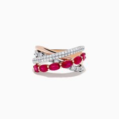 Effy Ruby Royale 14K Two-Tone Gold Ruby and Diamond Crossover Ring Ruby Band Ring, Ruby Diamond Pendant, Diamond Crossover Ring, Crossover Diamond Ring, Ruby And Diamond Necklace, Channel Set Rings, Ruby Earrings Studs, Ruby Bands, Diamond Huggie Earrings