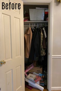 an open closet with clothes and boxes on the floor next to it, before and after