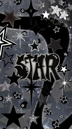 the word star is surrounded by stars on a black and white background with an abstract design