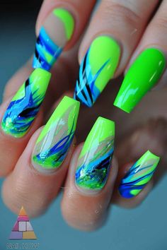 NailHow.com is your destination for fun spring nails that pop! These green and blue neon nails are sure to turn heads with their electric vibrancy and artistic flair. Ideal for those looking to make a bold statement. Visit and explore more green spring nail designs! Green White And Blue Nails, Fluorescent Nail Designs, Nail Designs With Neon Green, Blue Neon Green Nails, Royal Blue And Lime Green Nails, Neon Green And Teal Nails, Green And Blue Nails Designs, Nails Blue And Green, Neon Pink And Green Nails