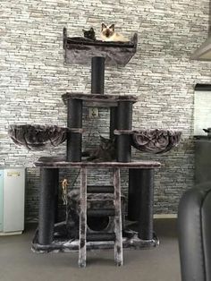 two cats are sitting on top of a cat tree in the middle of a room