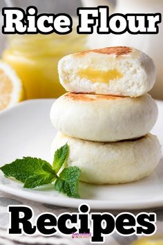 three biscuits stacked on top of each other with the words rice flour recipes written below