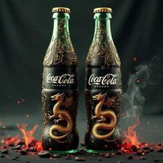 two coca - cola bottles sitting next to each other with fire coming out of them