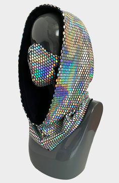 Looking for a quality festival mask and hood that is guaranteed to be a show stopper? Look no further, our Northern Lights Face Mask and Hood is for you! They are handmade from quality silver to rainbow holographic sequin fabric, and lined with soft fibers made from sustainably harvested eucalyptus trees that is softer than butter! We've designed our reversible hoods with a silver holographic sequin fabric, as well as premium black fabric made from sustainably harvested eucalyptus trees. Our hoo Black Hooded Festival Outerwear, Rave Hood Pattern, Adjustable Rave Costume Hats And Headpieces, Rave Hood, Black Full Face Rave Mask, Rainbow Rave Mask, Light Face Mask, Rave Aesthetic, Rave Mask