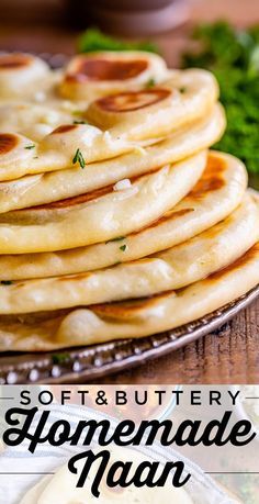 soft and buttery homemade man pancakes on a plate with parsley in the background