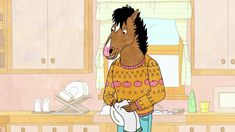 a cartoon horse wearing a sweater in a kitchen