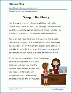 an image of a book page with the text going to the library and two children sitting at a desk