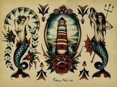 an old school tattoo design with two mermaids and a lighthouse