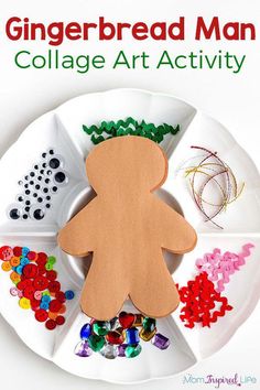 the gingerbread man collage art activity is displayed on a white plate with buttons