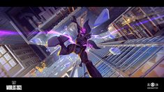 an animated image of a person standing in the middle of a city with tall buildings