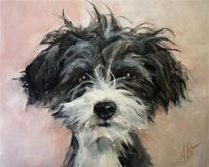 a painting of a black and white dog with long hair on it's head