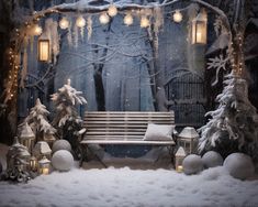 a wooden bench sitting in front of a snow covered forest filled with lights and lanterns