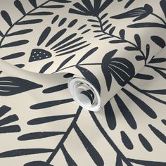 a wallpaper with black and white leaves on the side, in an artistic manner