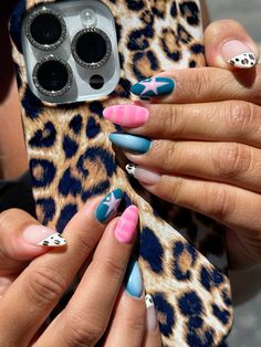 summer nails, 2024 summer nails, cheetah nails, star nails Cute Nail Ideas Spring, Fun Aesthetic Nails, Fun Nail Sets, Pink And Blue Leopard Print Nails, Cute Different Nails, Nails Cool Girl, Colorful Nail Art Ideas, Different Design Each Nail, Funky August Nails