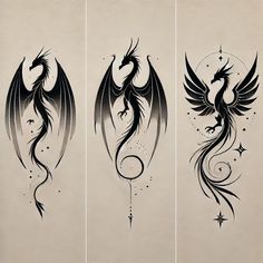 three different tattoos with black and white designs on the back of their bodies, one is a dragon