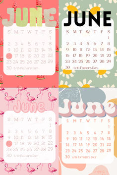 four calendars with different designs and numbers for june, june, july, and august