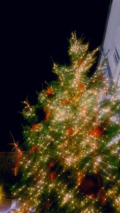 a christmas tree is lit up in front of a building