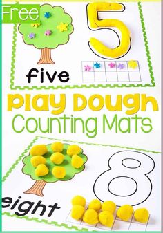 five play dough counting mats with the number five on them and an image of a tree