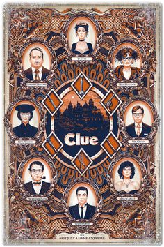 the clue poster is shown with many different people around it, including two men and one woman