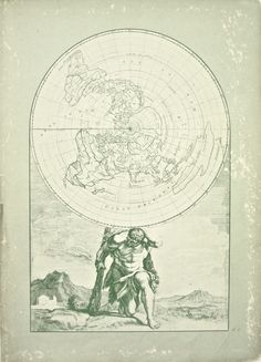 an old book with a drawing of a man sitting on top of a mountain next to a map