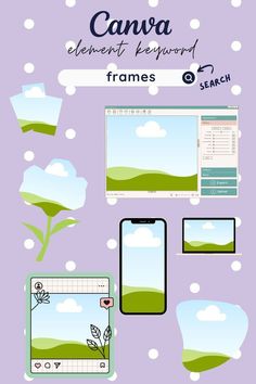 a purple background with white dots and green plants on the bottom right corner is an image of a cell phone, laptop, tablet