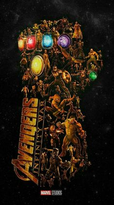 the avengers movie poster with many different characters and their names in gold on a black background