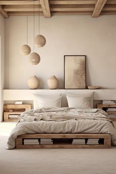 a large bed sitting in a bedroom next to a wooden dresser and lamp above it