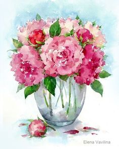 a watercolor painting of pink flowers in a vase