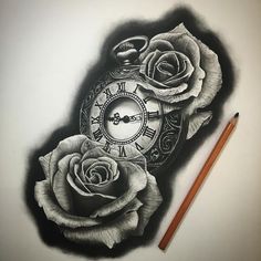 a pencil drawing of a clock and two roses