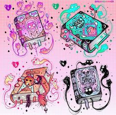 four different colored drawings on a pink background with hearts and stars in the middle, one has