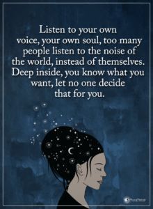 a woman with her eyes closed and the words listen to your own voice, your own soul, too many people listen to the noise of the world