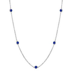 September Blue Sapphire Necklace Luxury Sapphire Round Birthstone Necklace, Pearl Necklace With Sapphire, Blue Round Cable Chain Necklace, Gold And Royal Blue, September Birthstone Necklace, Blue Sapphire Necklace, 14k Gold Necklace, Station Necklace, Gold Choker