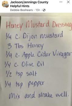 a note written on a piece of paper that says honey mustard dressing