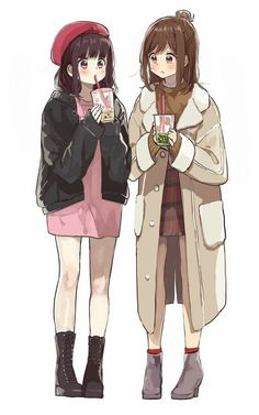 two girls standing next to each other holding drinks