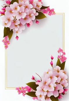 pink flowers with green leaves are on the corner of an empty card or poster frame