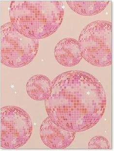 a pink wallpaper with disco balls and stars in the background, on a beige surface