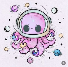 an octopus with a space suit on it's head is surrounded by planets and stars