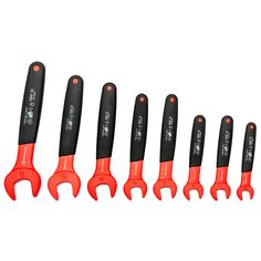 six red and black tools are lined up in a row