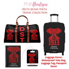 luggage cover, luggage bag and luggage tag with the logo of an elephant on it