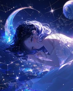 a woman laying on top of a body of water next to a moon and stars