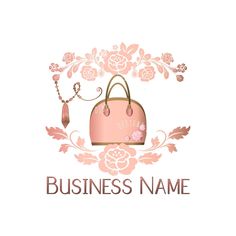 a pink purse with flowers on it and the words business name written in gold lettering