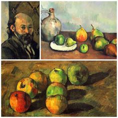 three paintings of apples, pears and a pitcher