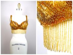 This is a stunning vintage bra fully embellished with fringe beading! It's in excellent condition! Bust - it could fit 32/34 All of my items come from a smoke-free and pet-free home. If you have any questions, please don't hesitate to ask! Beaded Bra, Gold Beaded Dress, Bead Bra, Vintage Bra, Checkered Jacket, Embellished Cardigan, Gown Photos, Sequin Sweater, Ivory Silk