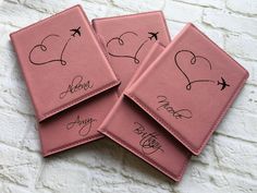 four personalized pink leather coasters with hearts and stars