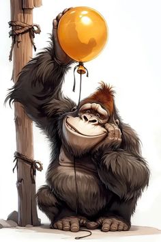 a monkey with a balloon hanging on to a wooden pole and holding it in the air