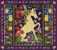 a cross stitch pattern with a unicorn on it's back and flowers in the background